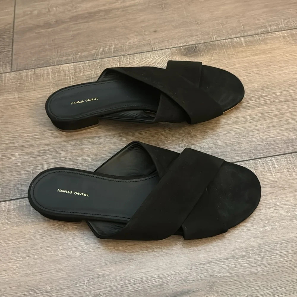 Mansur Gavriel Black Suede Criss Cross Flat Sandal Size 39 Like New - Picture 2 of 6
